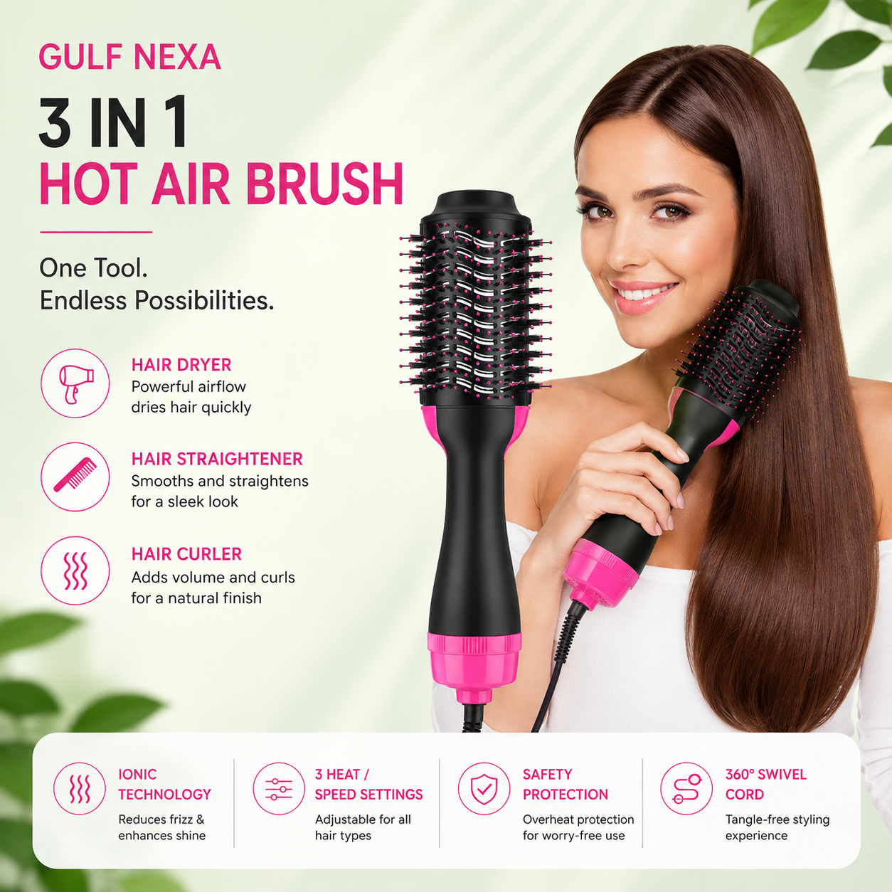 3-in-1 Hot Air Brush Styler – Salon-Quality Drying, Straightening & Curling at Home.