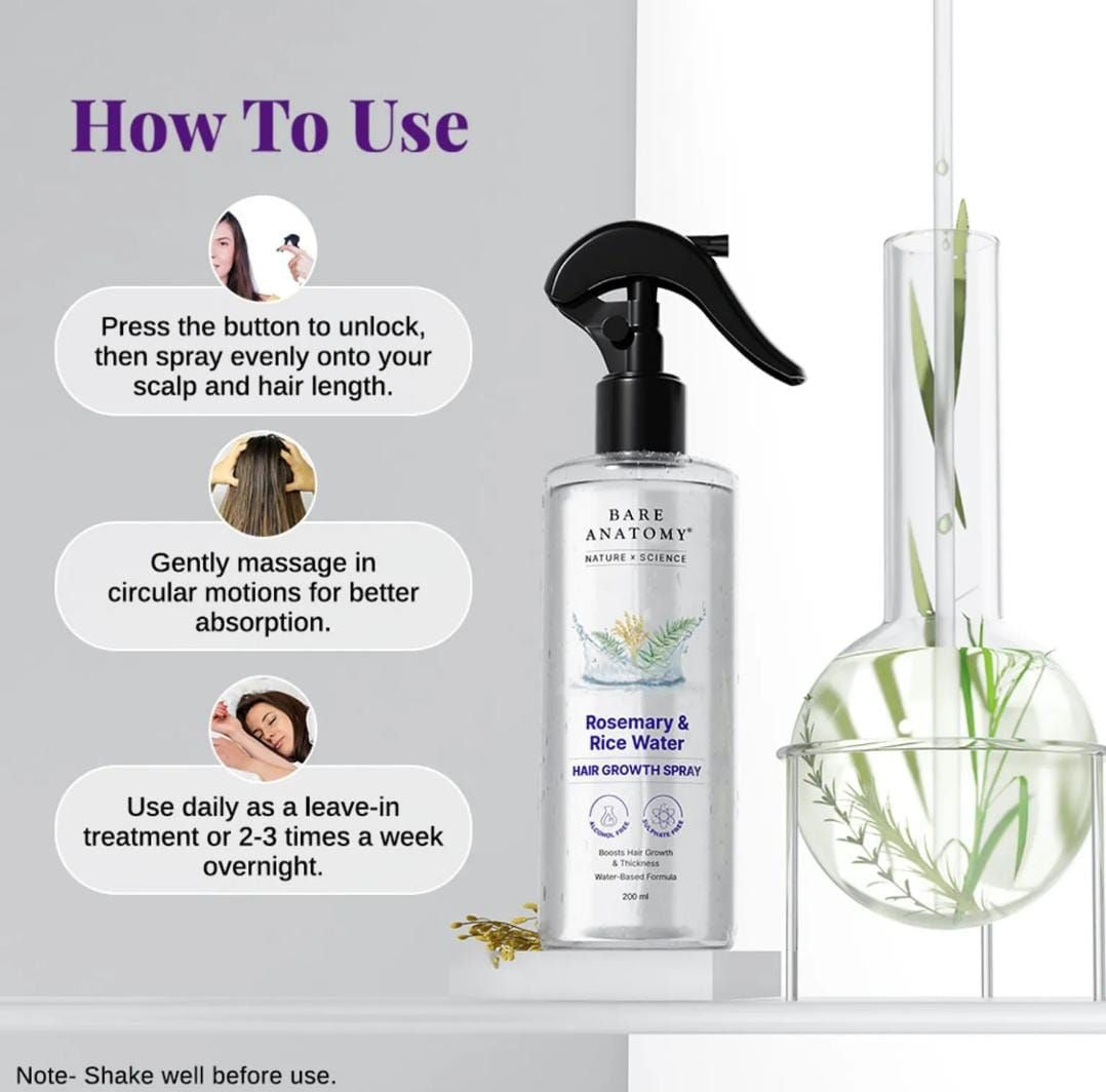 Bare Anatomy Rosemary & Rice Water Hair Spray | Hair Growth & Thickness Booster |Hair Fall 200Ml