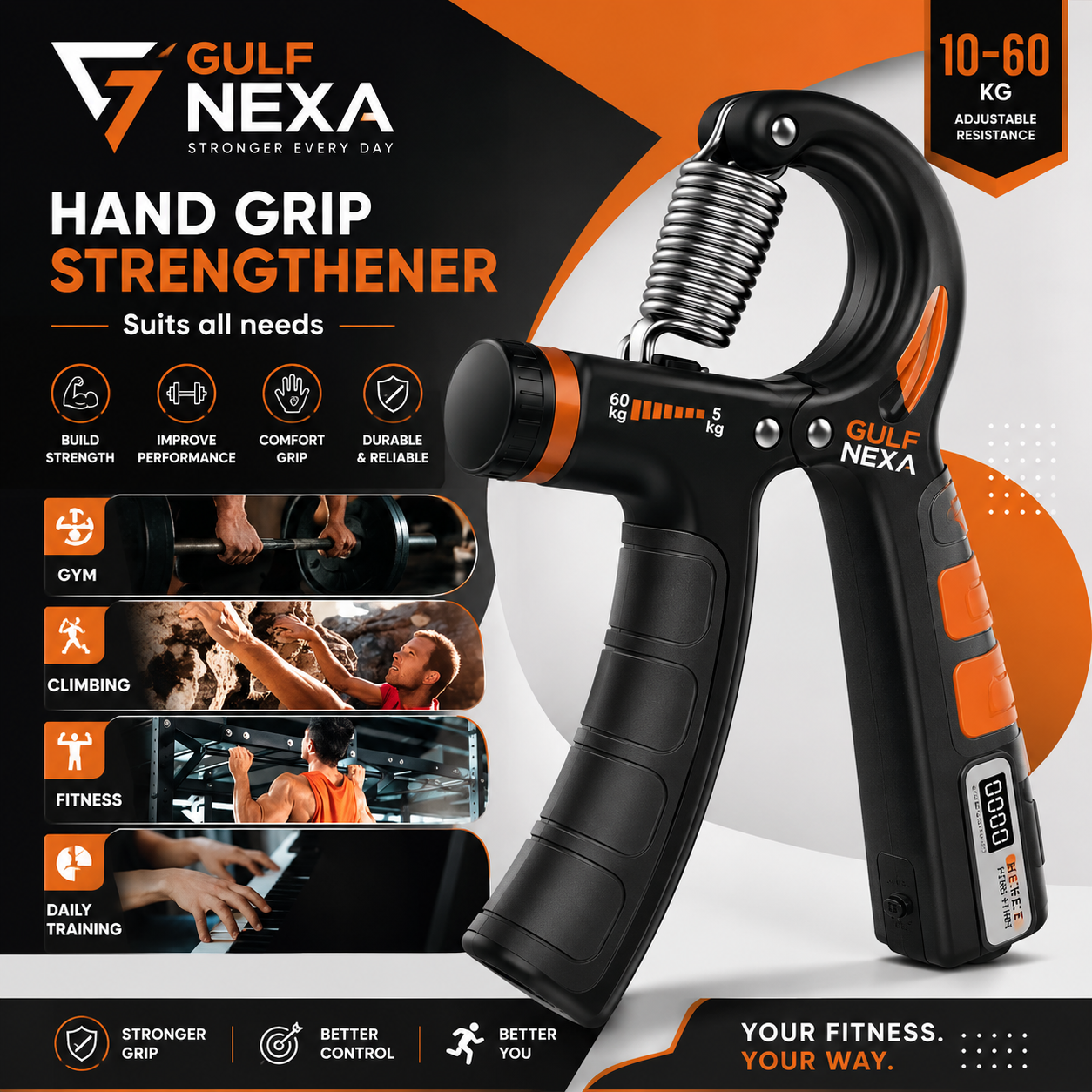 Adjustable hand gripper strengthens grip, wrists, and forearm muscles.💪