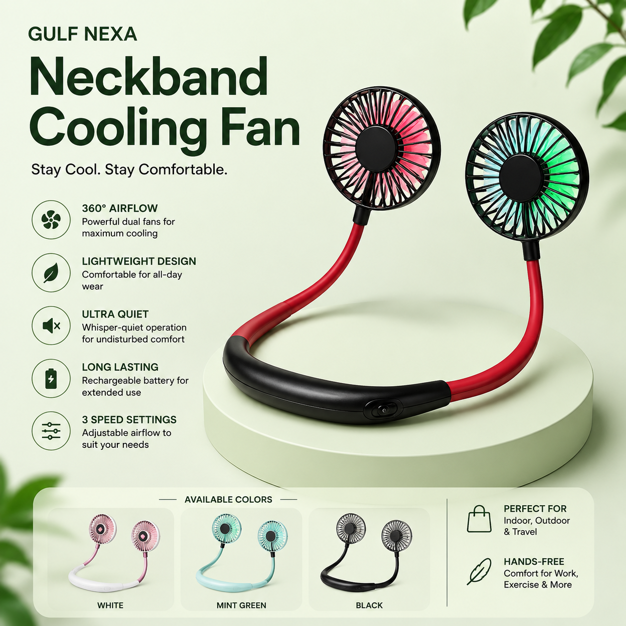 Rechargeable Neck Fan – Portable Hands-Free Cooling with LED Light & 3-Speed Adjustable Airflow
