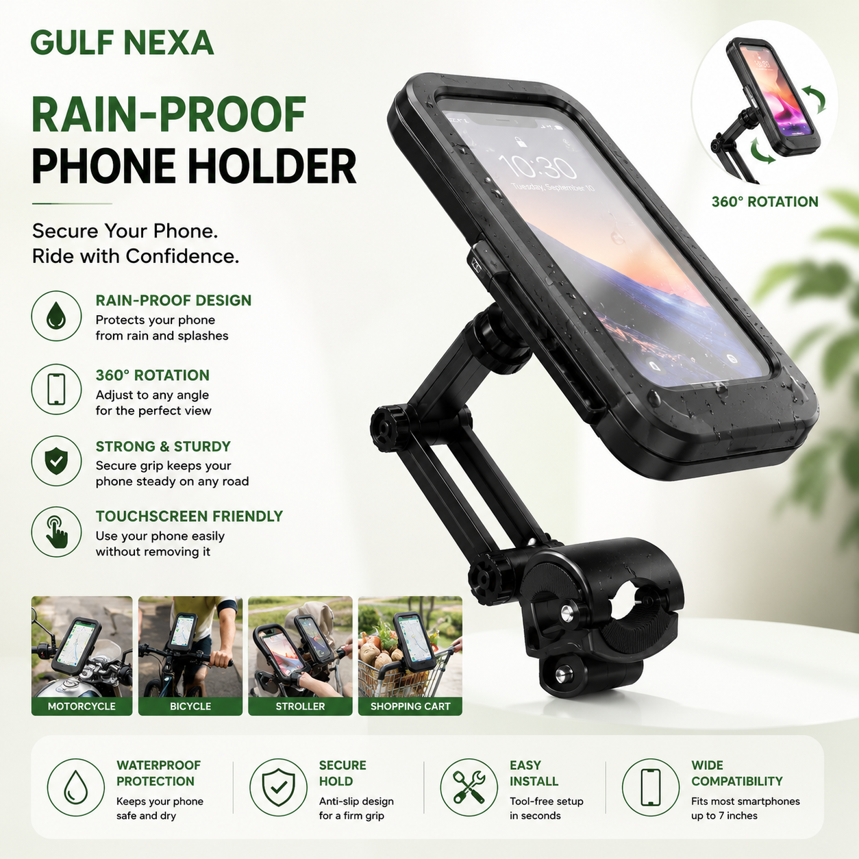Waterproof Bike Phone Mount - 360° Rotatable Motorcycle & Bicycle Mobile Holder - Adjustable Touch Screen Handlebar Phone Support for All Bikes
